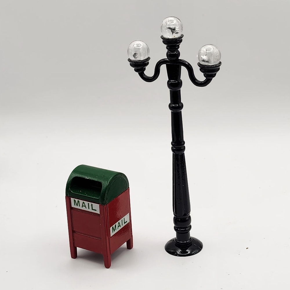 Vtg Dept 56 Snow Village Lot Red Mailbox #5198-5 Die-Cast Triple Globe Lamp Post
